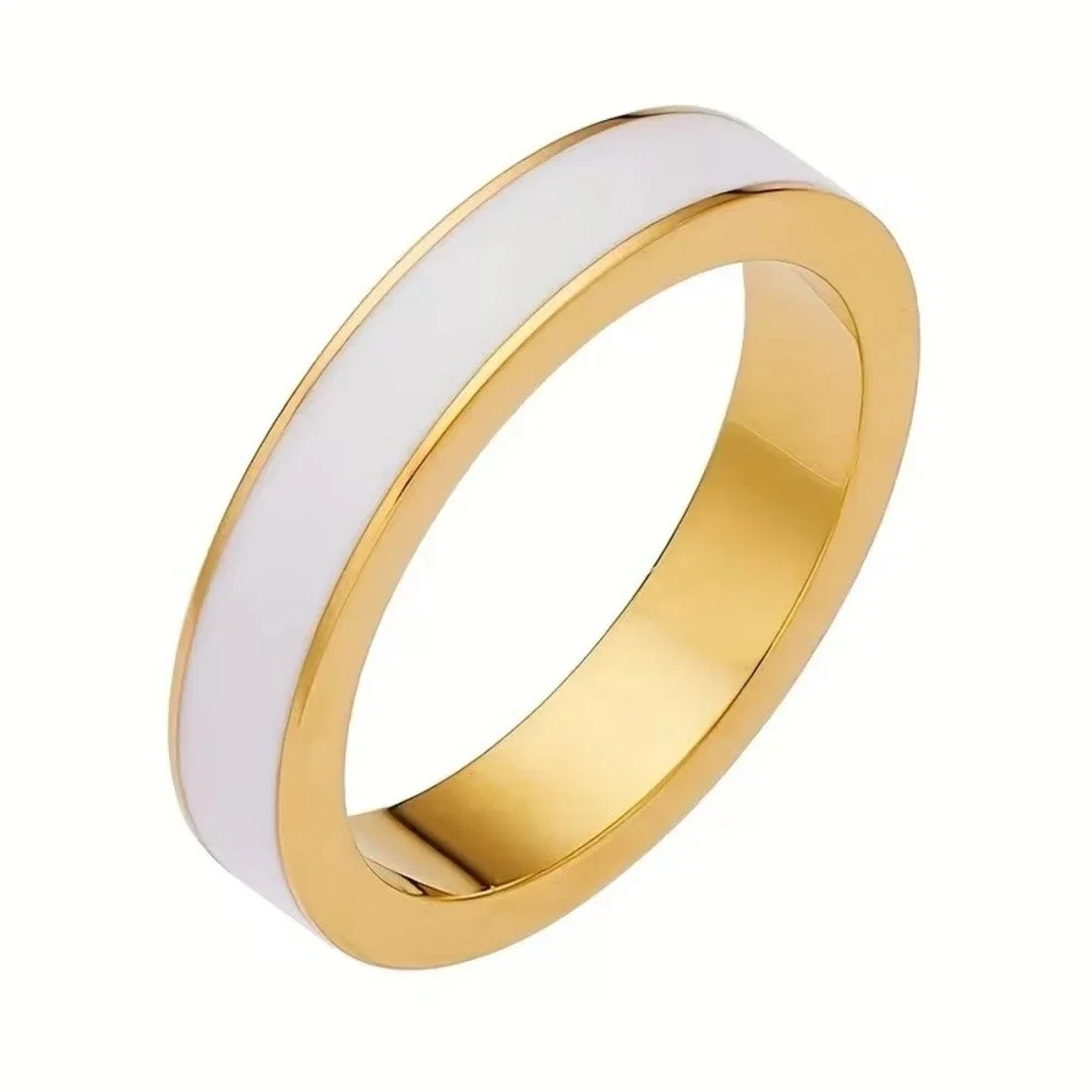 Gold Stainless Steel White Enamel Band Ring High Polished Stackable Size 6